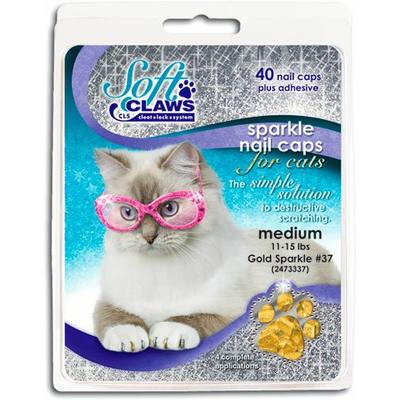 Soft Claws Feline Nail Caps - 40 Nail Caps and Adhesive for Cats (Gold Sparkle, Medium)